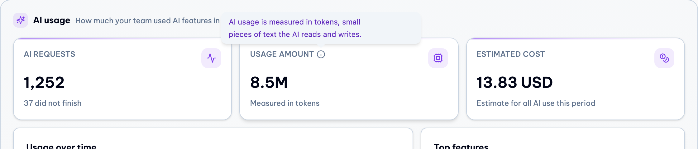 Tooltip on Usage amount explaining tokens